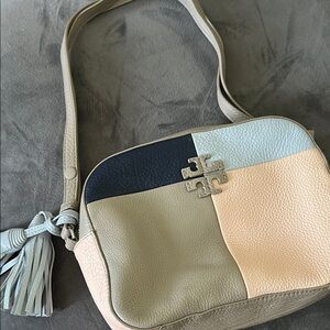 Tory Burch Cream and Tan Crossbody Bag with Tassel Details